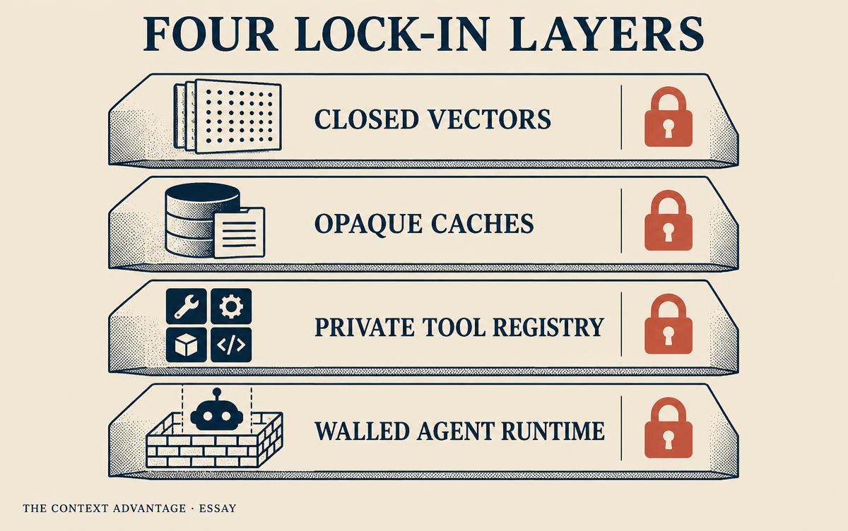 Editorial diagram of four stacked lock-in layers with coral padlocks: closed vectors, opaque caches, private tool registry, walled agent runtime.