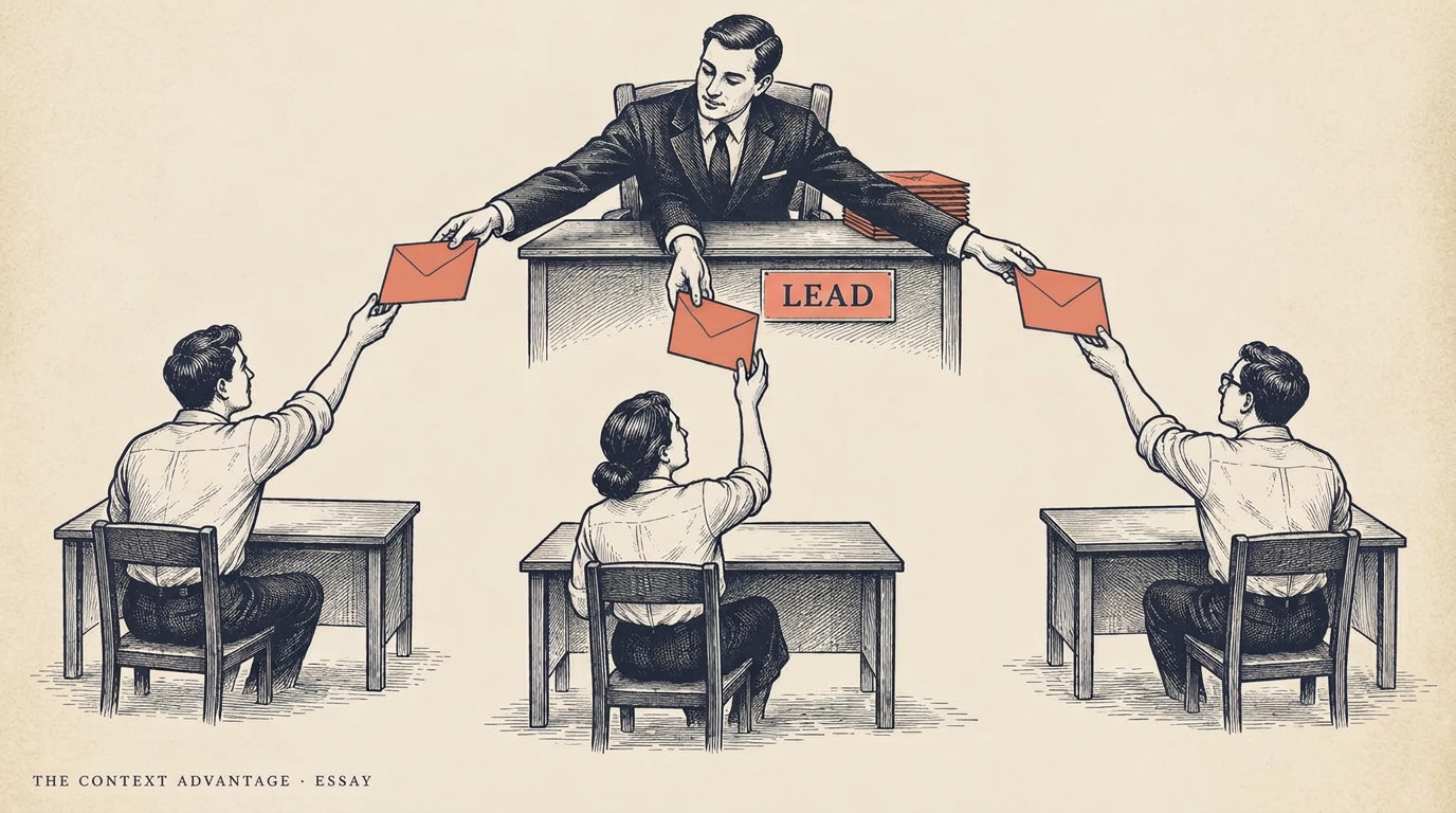 A lead figure at a desk labelled Lead hands sealed coral envelopes to three workers, each seated at a clean, empty desk.
