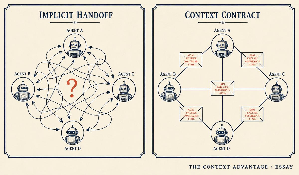 Two panels comparing a tangle of implicit arrows between agents against clean lines carrying labeled envelopes containing goal, evidence, constraints, and state.