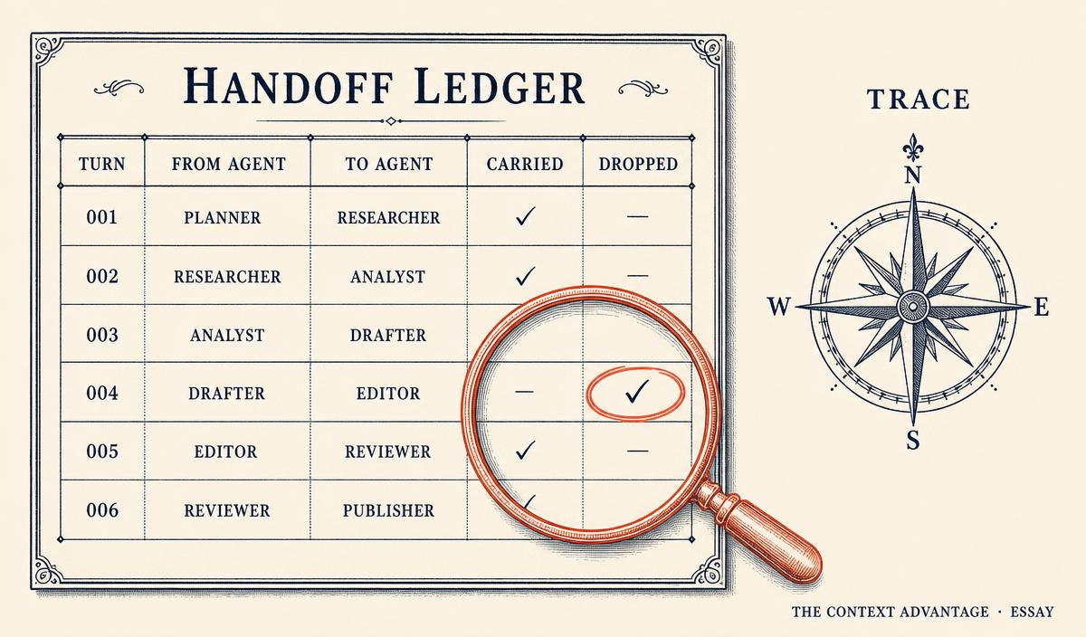 An illustrated ledger sheet titled Handoff Ledger with columns for turn, from agent, to agent, carried, and dropped, with one dropped entry circled in coral.