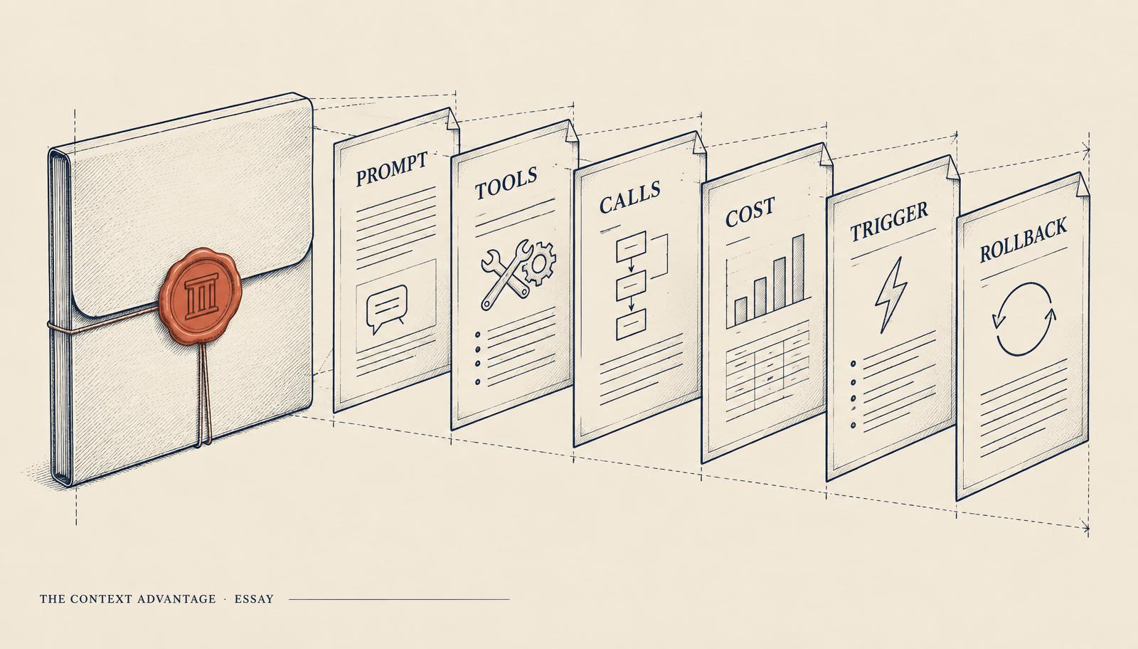 An exploded technical drawing of a sealed folder containing labelled sheets: prompt, tools, calls, cost curve, trigger, and rollback.