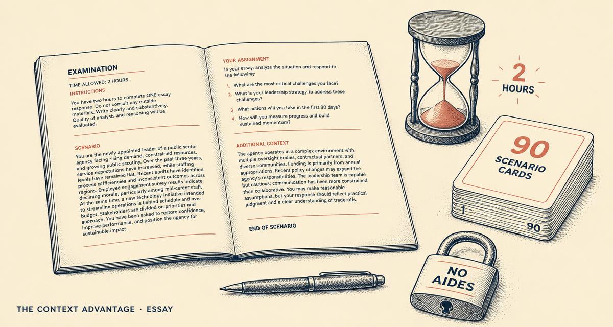 Editorial illustration of an open exam booklet with long scenario paragraphs, a two-hour hourglass, a stack of ninety numbered cards, and a padlock labelled no aides.