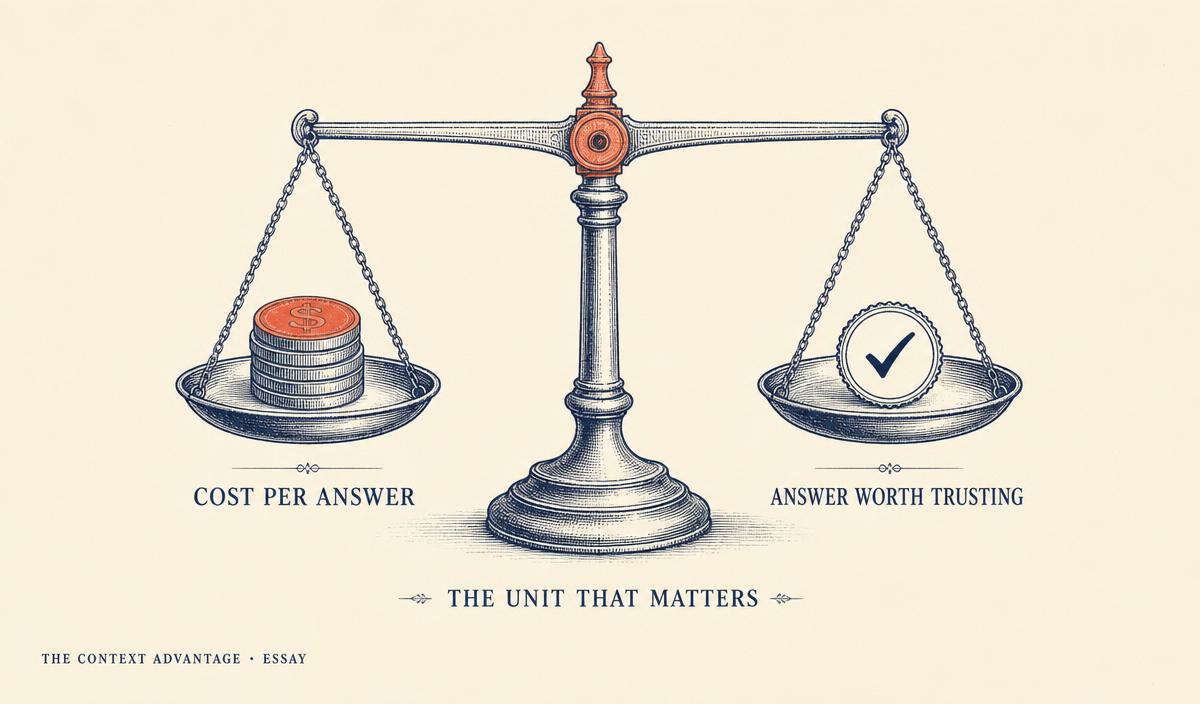Balance scales weighing cost per answer against an answer worth trusting.