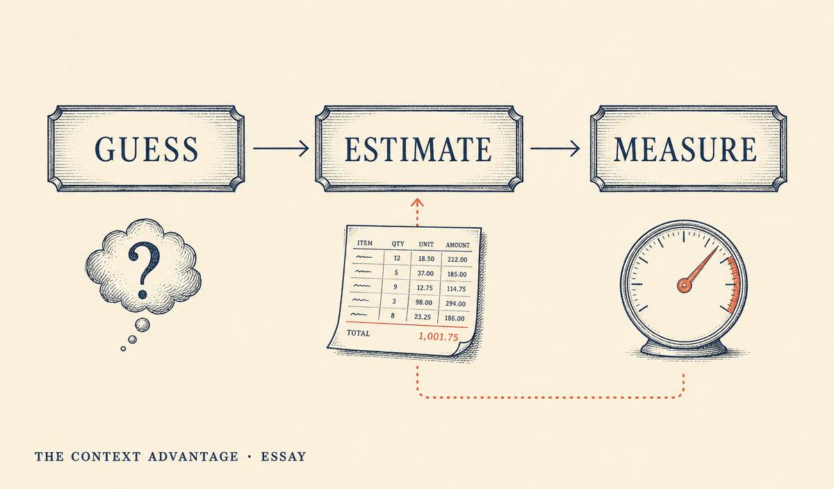 Diagram showing three stages: guess, estimate, measure, with a feedback loop from measure back to estimate.