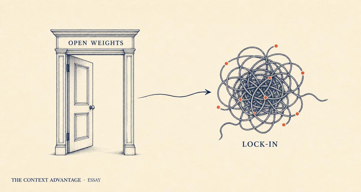 Editorial diagram on cream paper showing a horizontal bar split into a hollow open Weights half and a dense tangled Prompt, Tools, Evals half bound with coral knots, with an arrow from the dense half to the word Lock-in in coral serif caps.