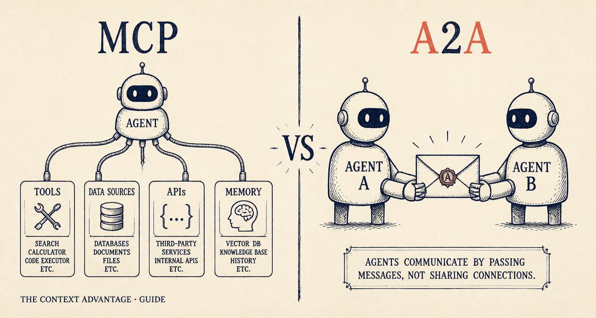 Editorial diagram comparing MCP, an agent wired to tools and data sources, with A2A, two agents passing a sealed message