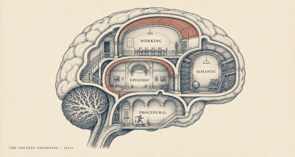 Cross-section of a brain rendered as a layered architectural vault with chambers labeled WORKING, EPISODIC, SEMANTIC, and PROCEDURAL — the four tiers of agent memory.