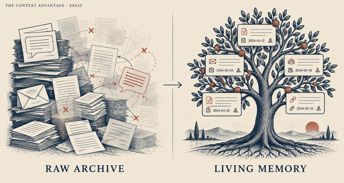 Editorial comparison between a chaotic raw archive and a versioned living memory tree.