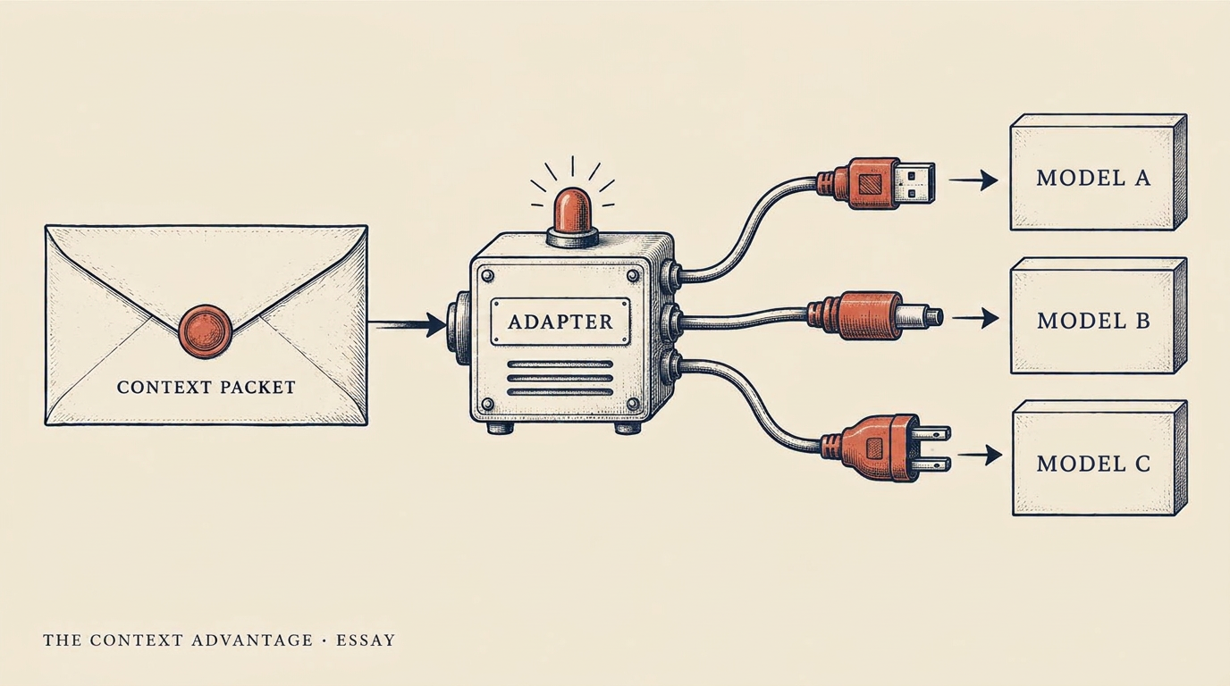 A sealed envelope labelled Context Packet feeding an Adapter box that sends three differently shaped plugs to boxes labelled Model A, Model B, and Model C.