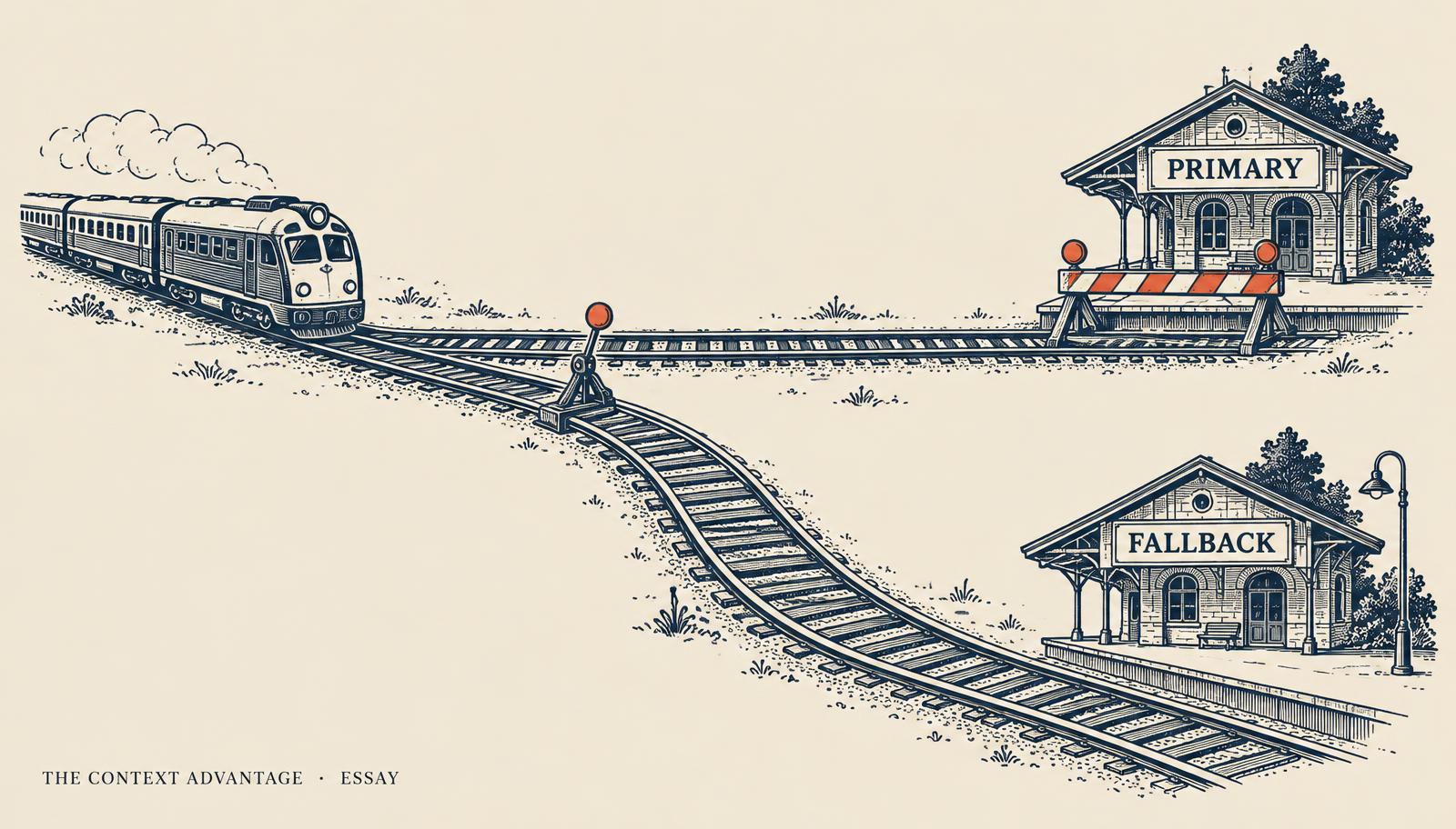 A train approaching a junction; the main line to a Primary station is blocked by a coral barrier and the switch diverts the train towards a Fallback station.