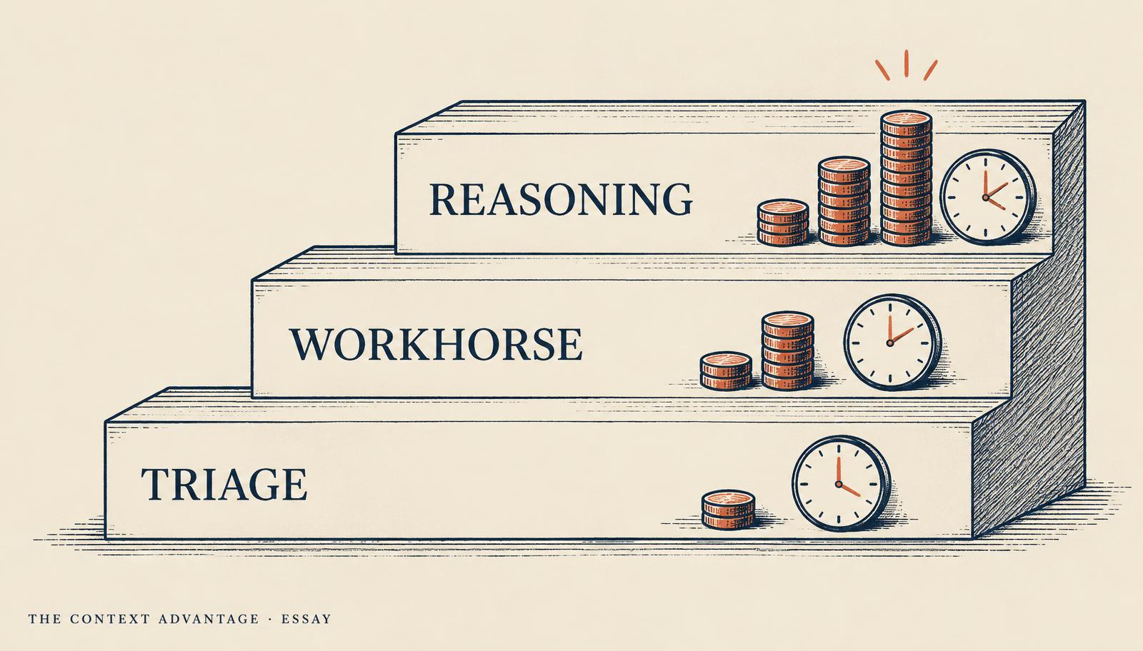 Three stacked steps labelled Triage, Workhorse, and Reasoning, with coin stacks and clocks growing larger on each higher step.