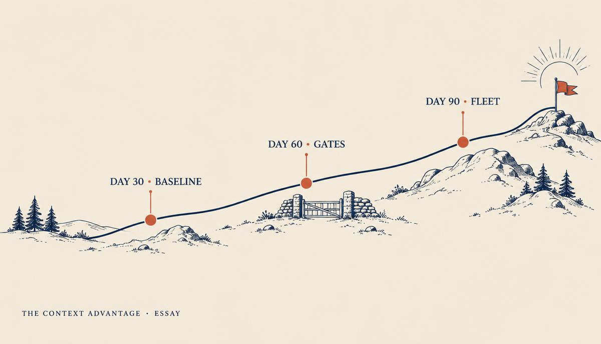 Timeline rising across hills with milestones Day 30 Baseline, Day 60 Gates, and Day 90 Fleet, ending at a coral flag.