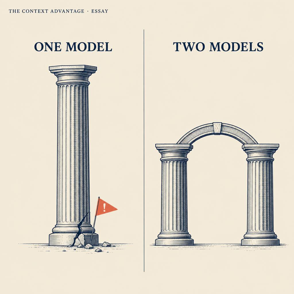 Editorial comparison: one tall cracked pillar labelled One Model with a warning flag, versus two stable pillars bridged by an arch labelled Two Models.