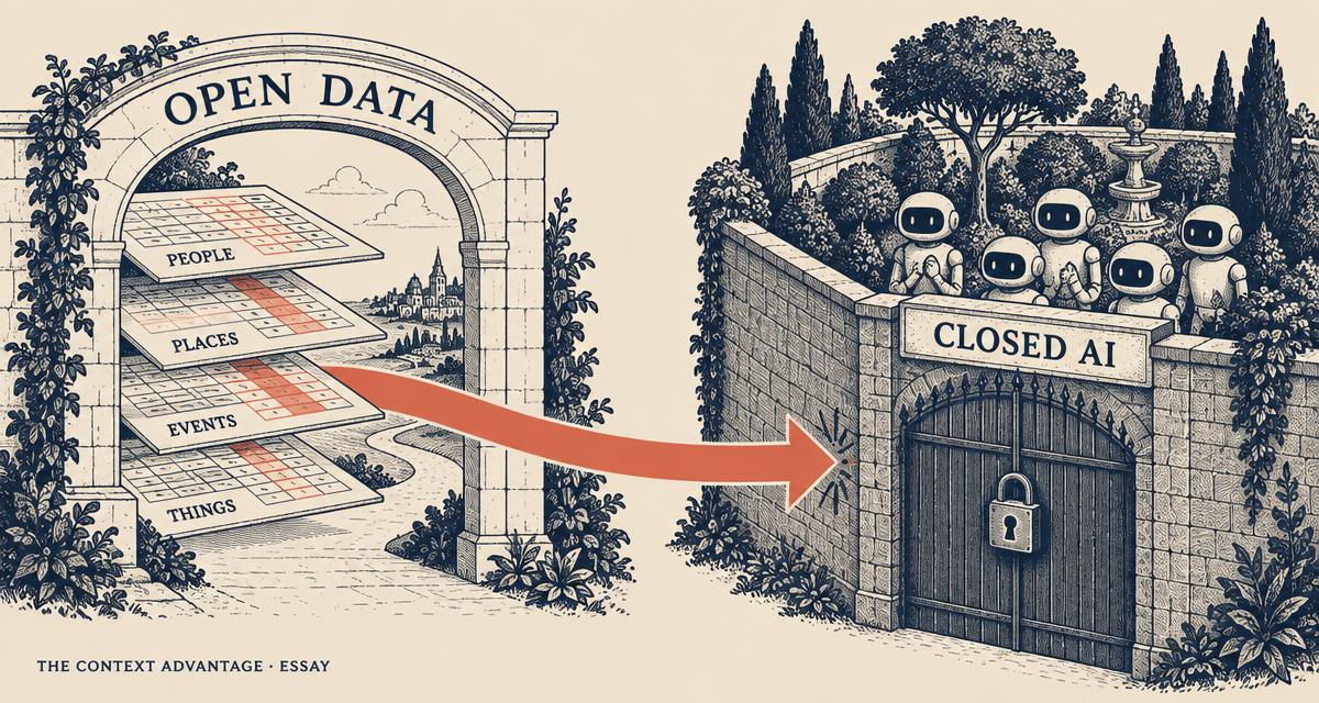 Editorial illustration contrasting an open archway labelled Open Data with a locked walled garden labelled Closed AI, agents trapped behind the wall.