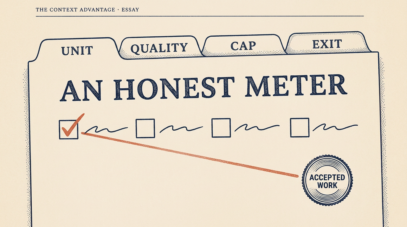 Editorial illustration of an outcome pricing contract with clauses for accepted outcome definition, price per outcome, failure rate cap, retry costs, and data exit rights.