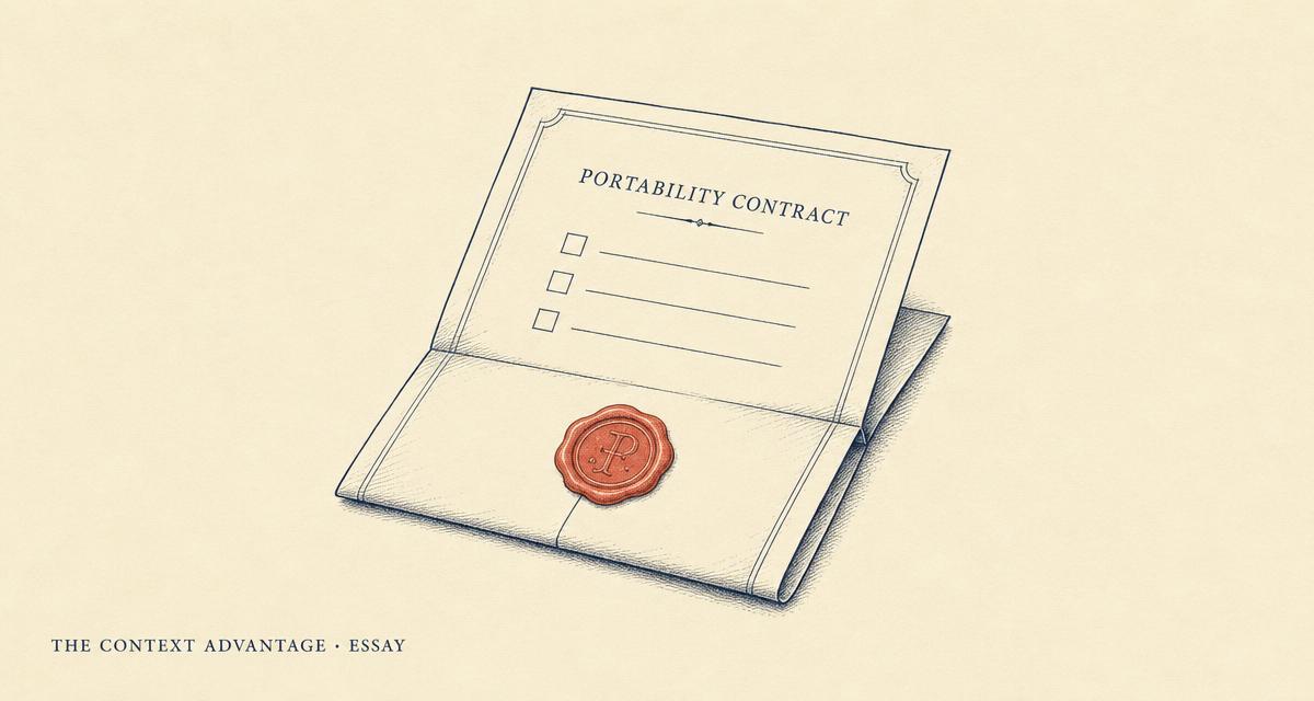 Editorial illustration on cream paper of a hand-drawn contract titled Portability Contract with four checked clauses about model-agnostic prompt, open tool schema, any-model evals, and your own context store, with a coral wax seal and three interchangeable model-box icons showing free swapping.