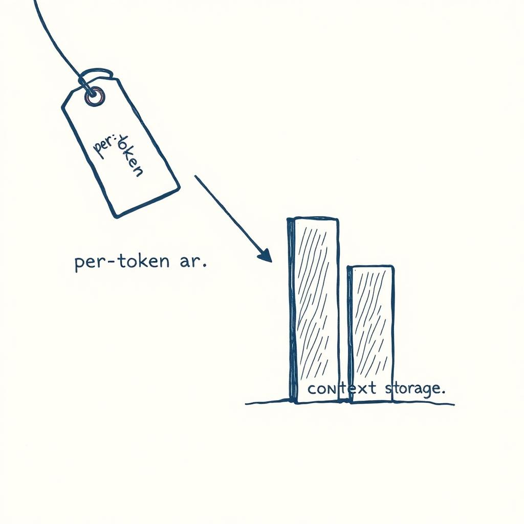Editorial diagram showing a per-token price tag plunging downward while three bars for orchestration, retries, and context storage rise, illustrating the gap between falling unit price and rising total cost.
