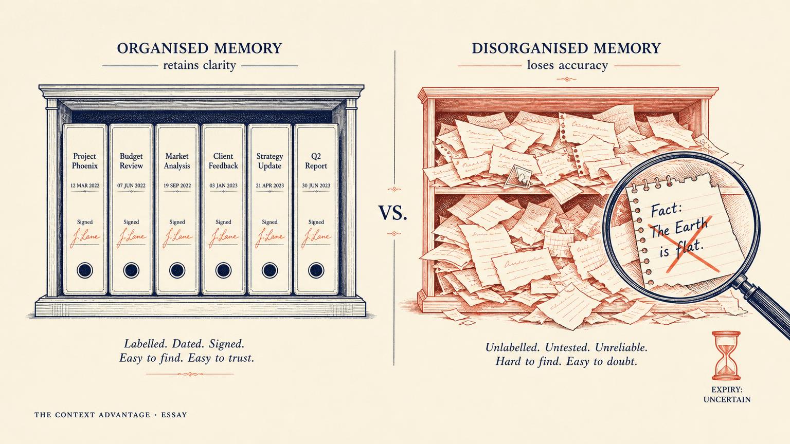 Editorial illustration comparing a tidy shelf of dated and signed memory folders with a coral tangle of unlabelled scraps, one showing a crossed-out wrong fact