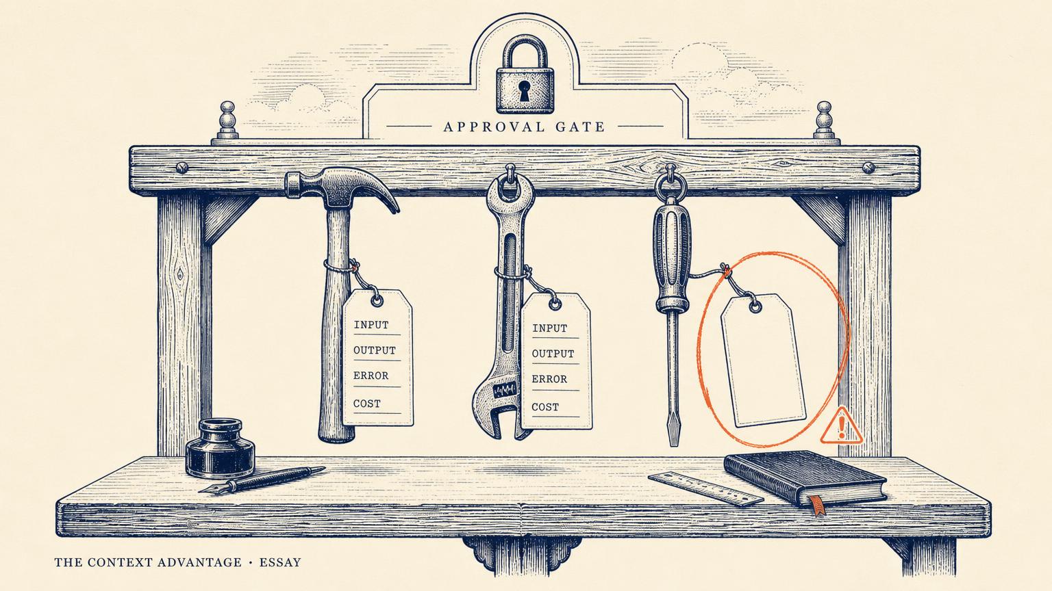 Editorial illustration of tools hanging on a bench, each with a tag listing typed input, output, error and cost, with one blank tag circled in coral under an approval gate