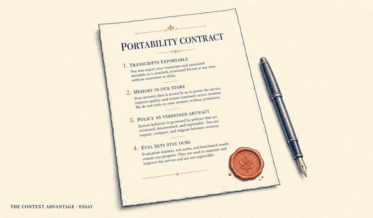 Editorial illustration of a hand-drawn document titled Portability Contract listing four clauses: transcripts exportable, memory in our store, policy as versioned artifact, and eval sets stay ours, with a coral wax seal and a fountain pen.