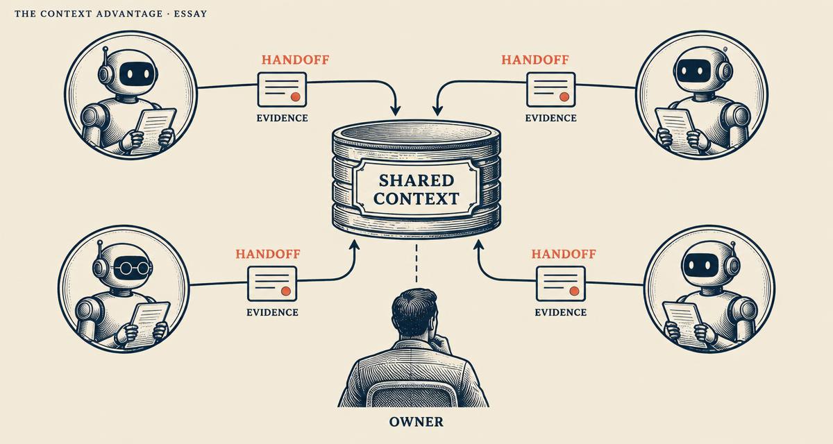 Editorial systems diagram showing four agents exchanging evidence-backed handoffs through shared context under a human owner.
