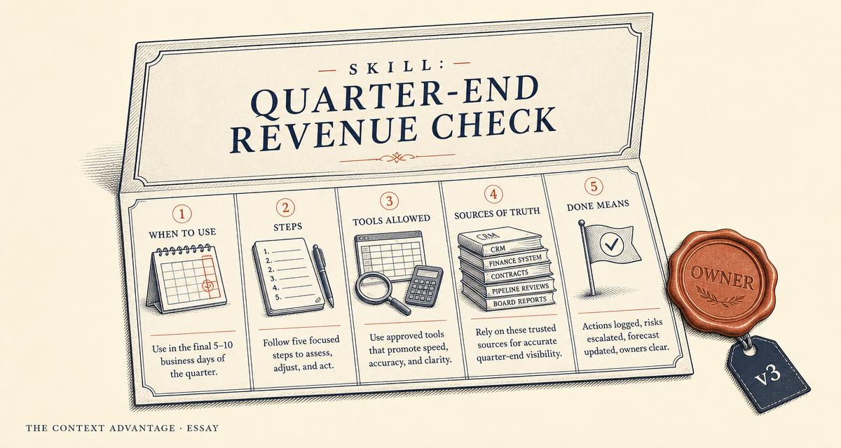 Editorial illustration of an opened skill card titled quarter-end revenue check, divided into five compartments labelled when to use, steps, tools allowed, sources of truth and done means, beside a coral wax owner seal and a version three tag.
