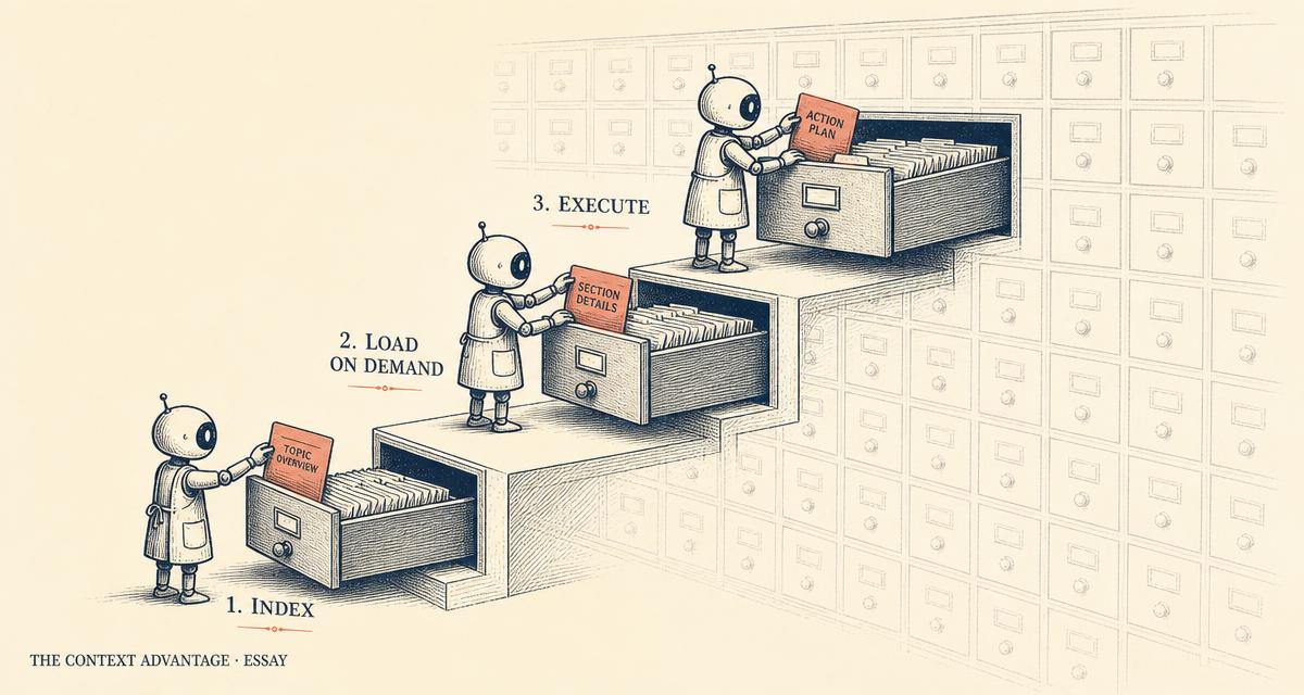 Editorial illustration of an agent climbing three steps, opening one drawer at each step to take a single folder while a wall of unopened drawers stays closed, labelled index, load on demand, and execute.