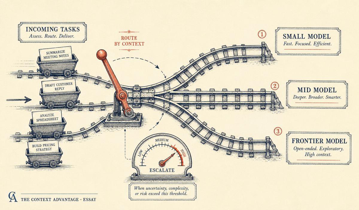 Railway switch diagram routing incoming tasks by a coral lever into three tracks labelled small model, mid model, and frontier model, with an escalate gauge.