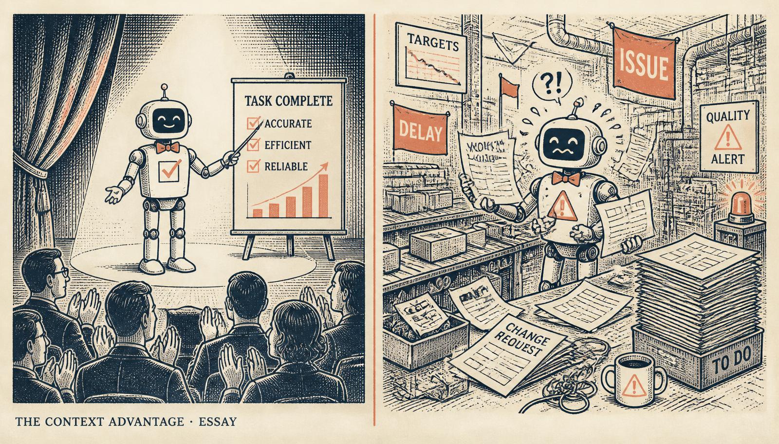 Editorial illustration comparing a robot presenting flawlessly on a spotlit stage to the same robot struggling on a chaotic production floor