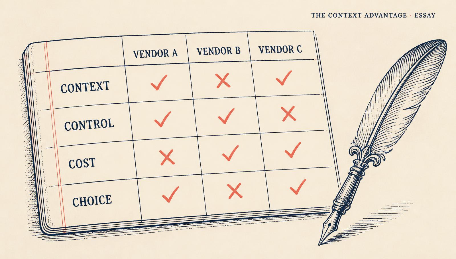 A hand-drawn ledger with columns labeled Vendor A, B, and C and rows labeled Context, Control, Cost, and Choice, with coral checkmarks and crosses filling the cells, and a serif quill pen resting beside it.